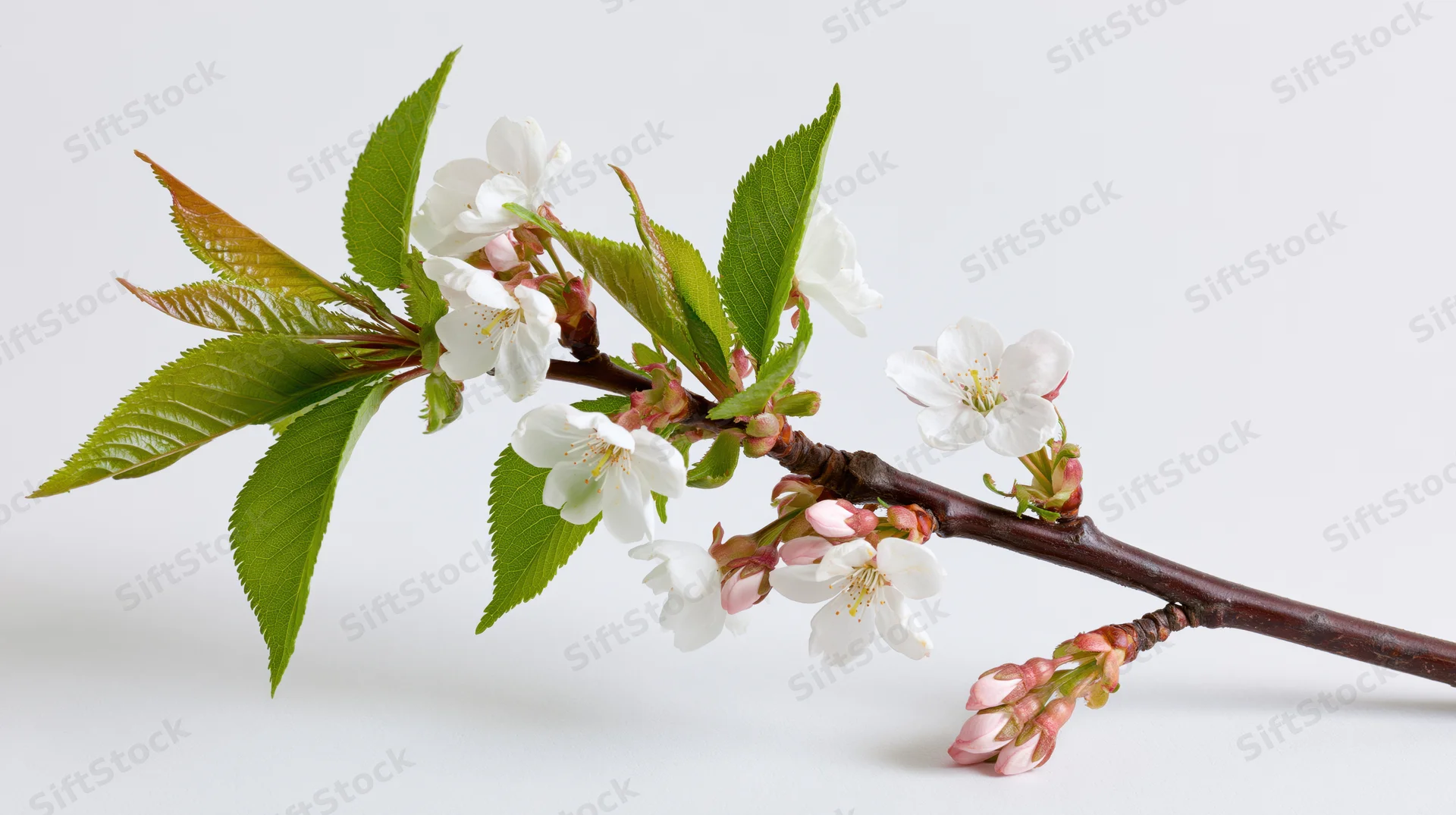 Cherry blossom branch with white flowers and green leaves on white background