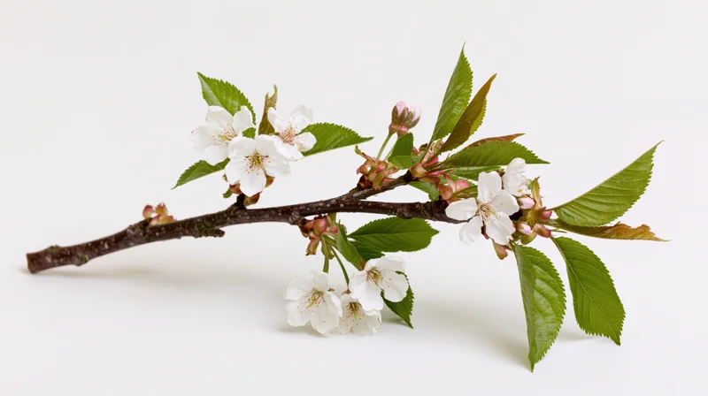Cherry blossom branch with white flowers and green leaves on white background