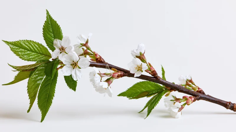 Cherry blossom branch with white flowers and green leaves on white background