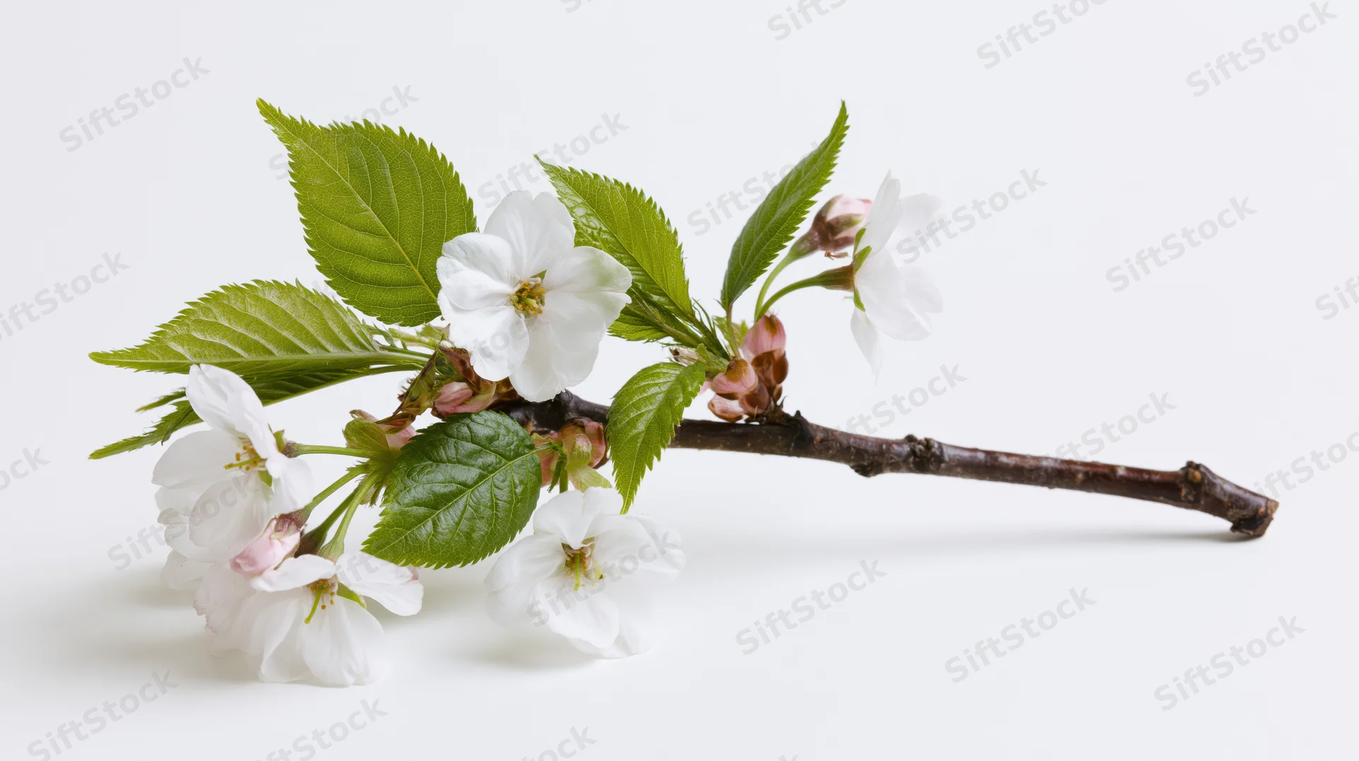 Cherry blossom branch with white flowers and green leaves on white background