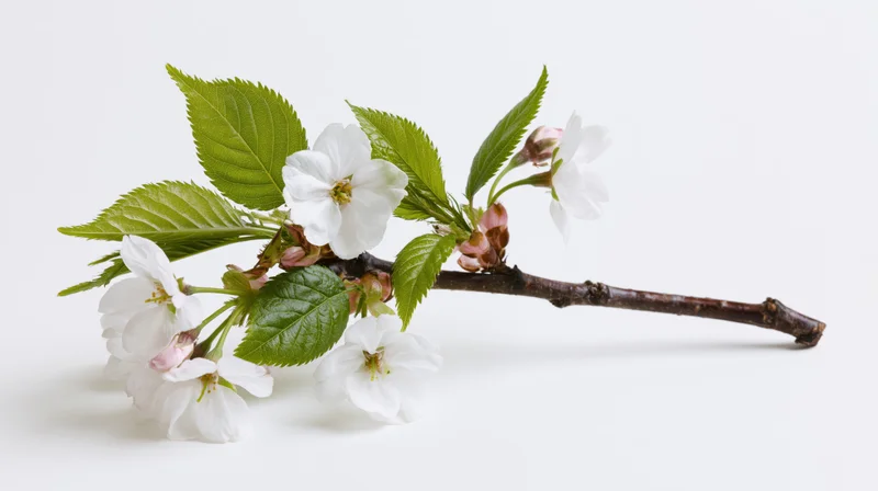 Cherry blossom branch with white flowers and green leaves on white background