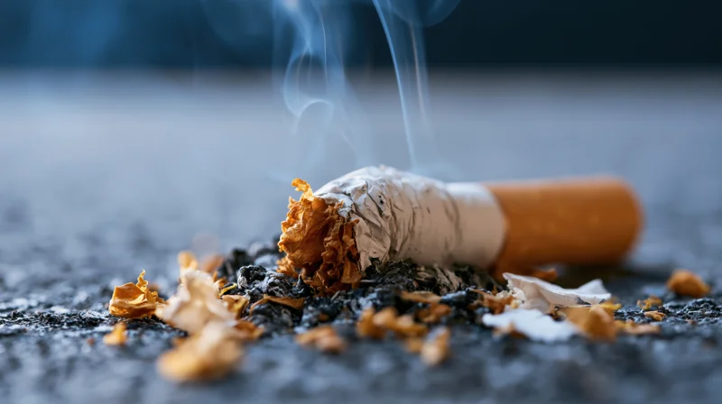 Crushed cigarette stub smoldering with smoke on dark ash-covered pavement