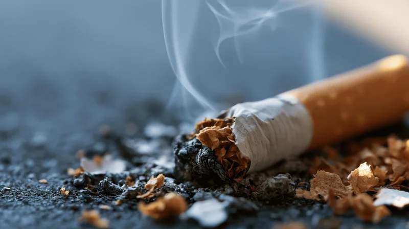 Crushed cigarette stub smoldering on dark ash-covered surface