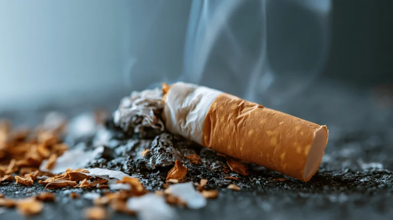 Crushed cigarette stub lying on dark ash-covered surface with smoke rising