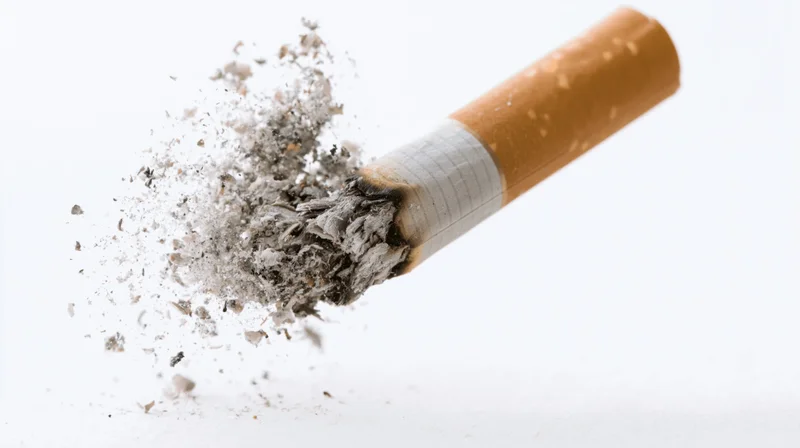 Cigarette stub with ash and debris exploding outward on white background