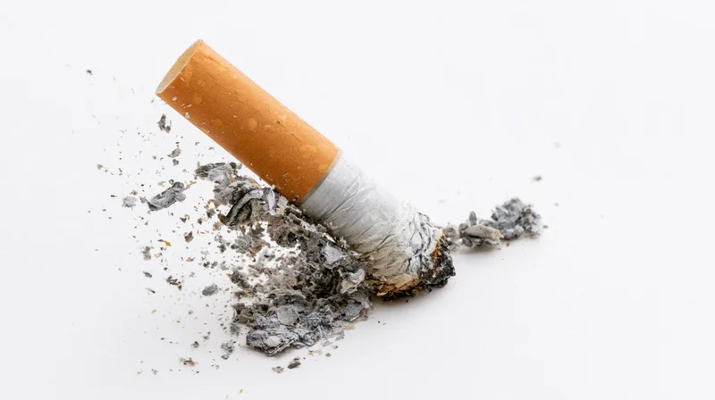 Cigarette stub with ash and debris exploding outward on white background