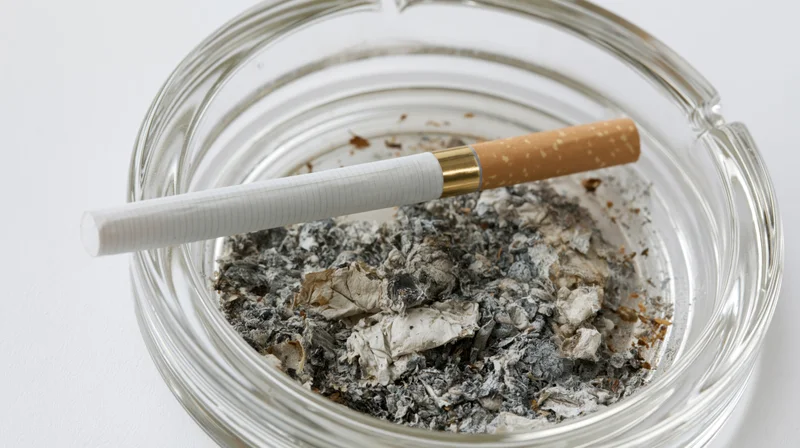 Cigarette with gold filter resting across a glass ashtray filled with ash on a white surface