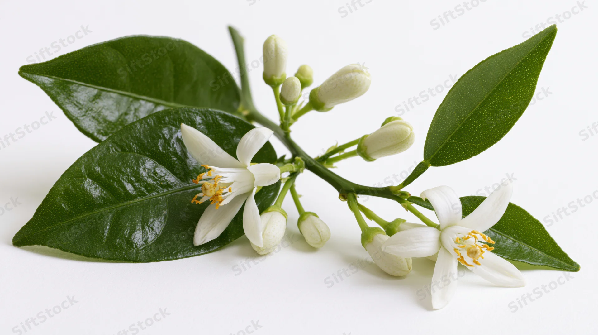 Citrus blossom branch with two open white flowers and green leaves on white background