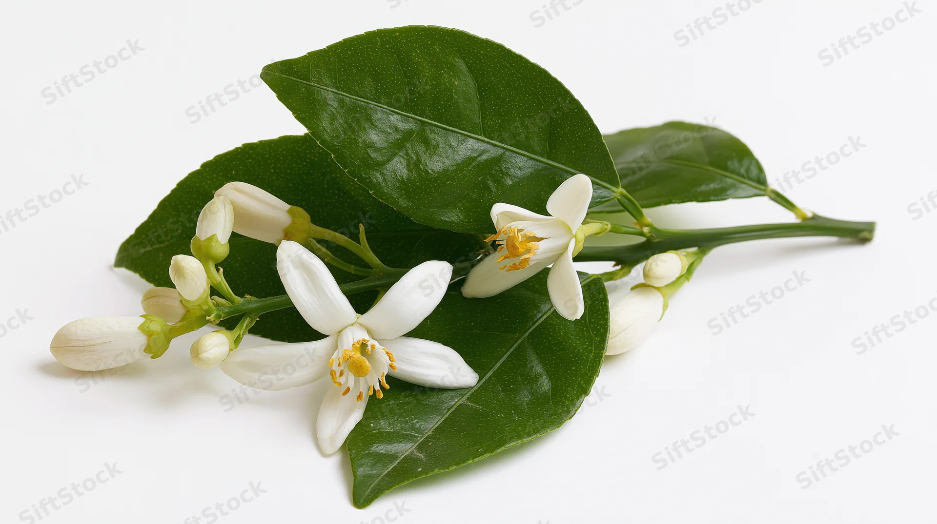 Citrus blossom branch with open white flowers and green leaves on white background