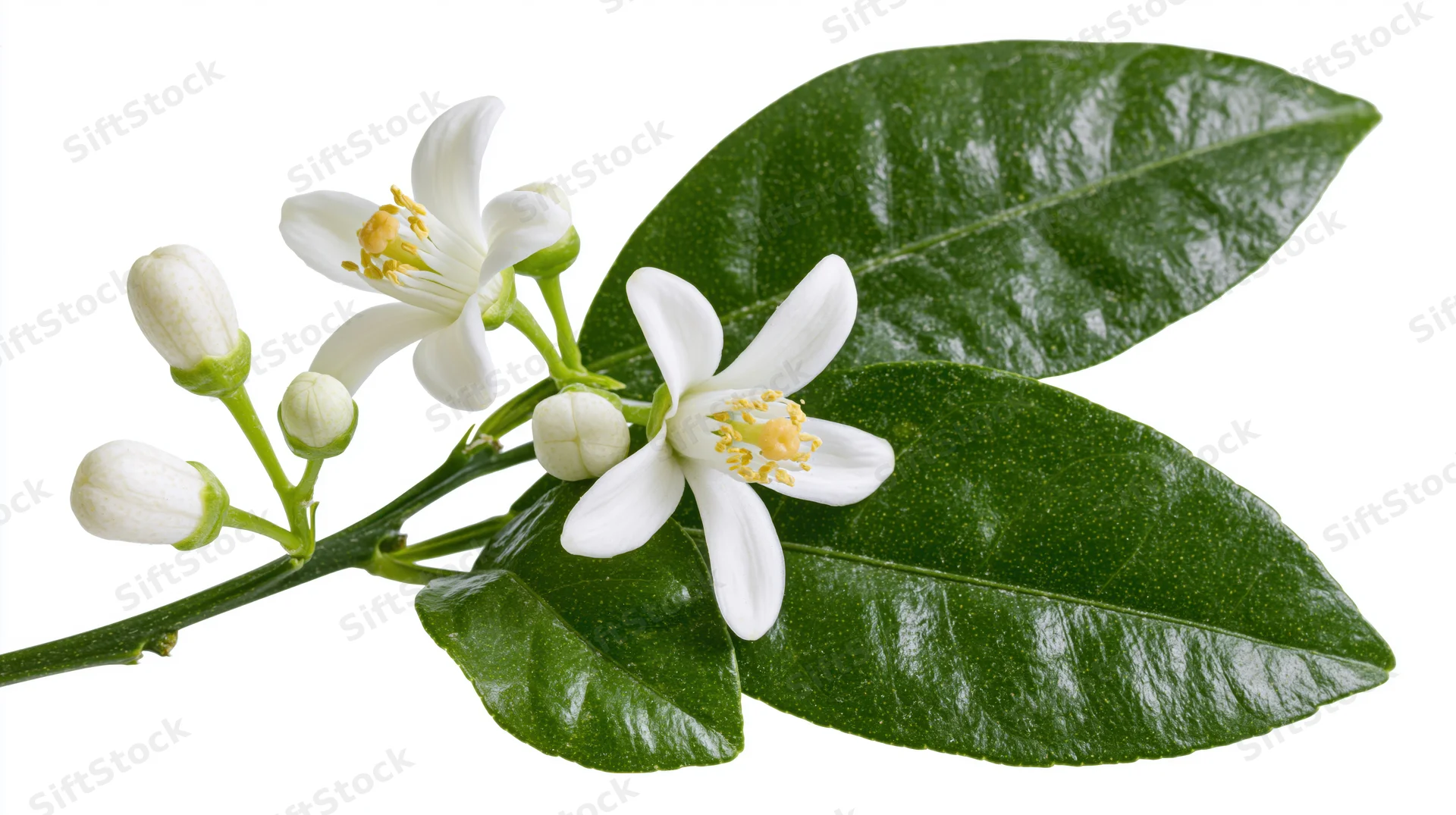 Citrus blossom branch with open white flowers and green leaves on white background
