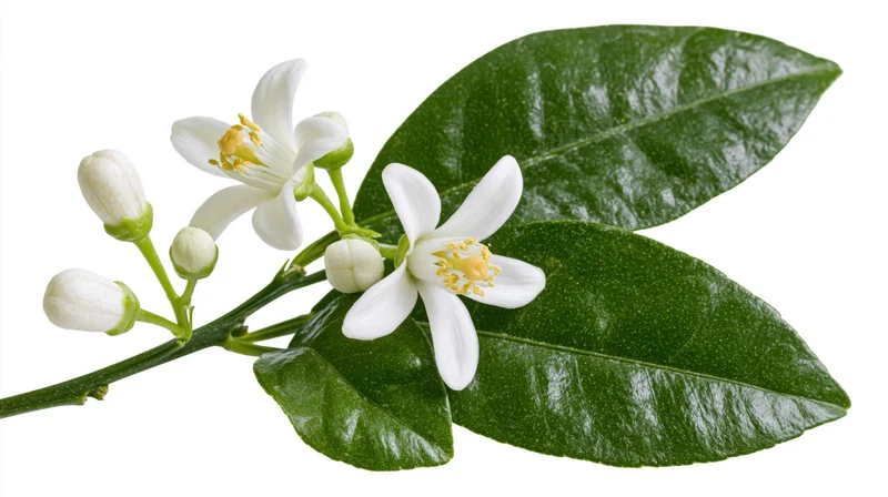Citrus blossom branch with open white flowers and green leaves on white background