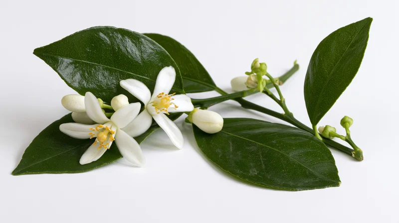 Citrus blossom branch with white flowers and green leaves on white background