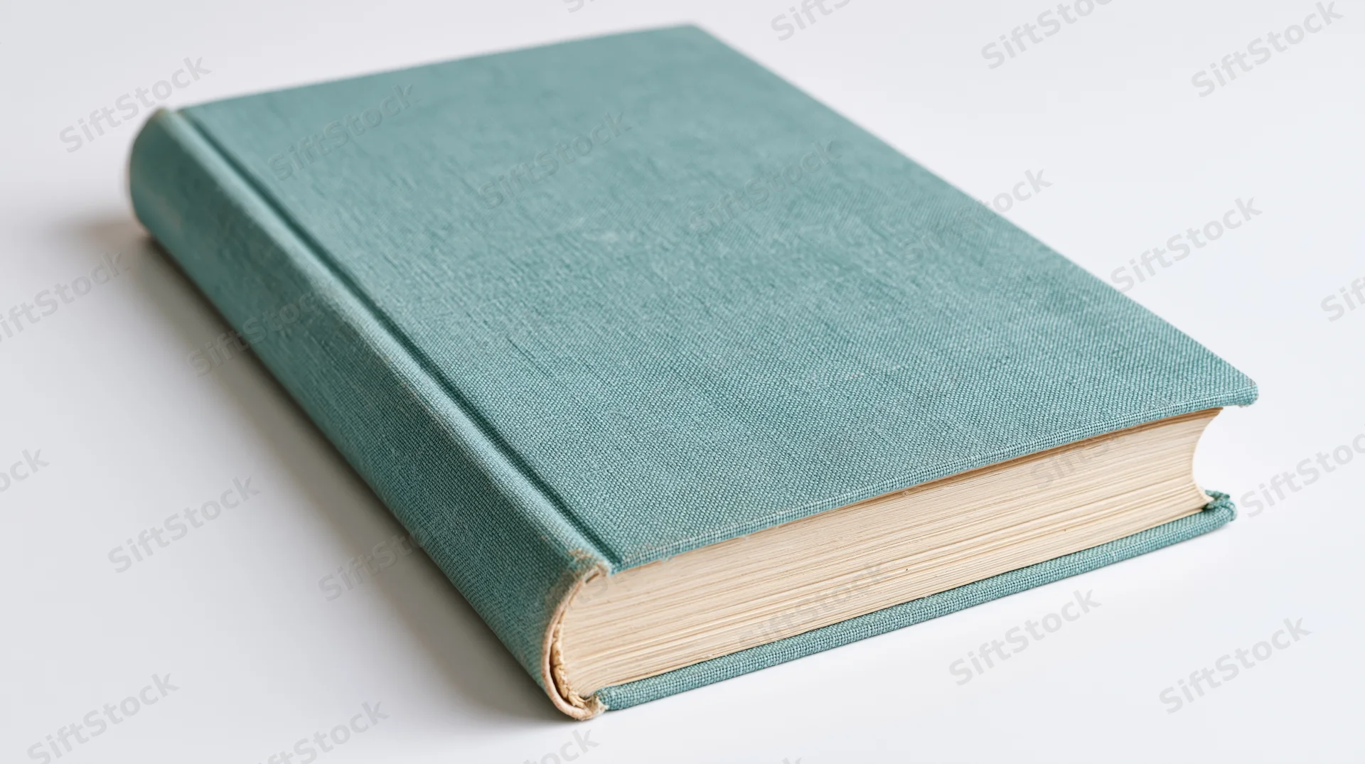 Closed hardcover book with teal fabric cover lying flat on white surface