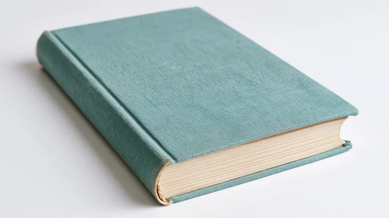 Closed hardcover book with teal fabric cover lying flat on white surface