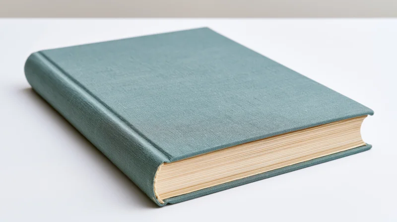 Closed hardcover book with teal fabric cover lying flat on white surface