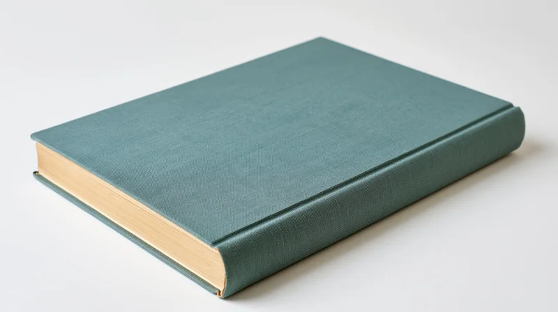 Closed hardcover book with teal fabric cover lying flat on white surface