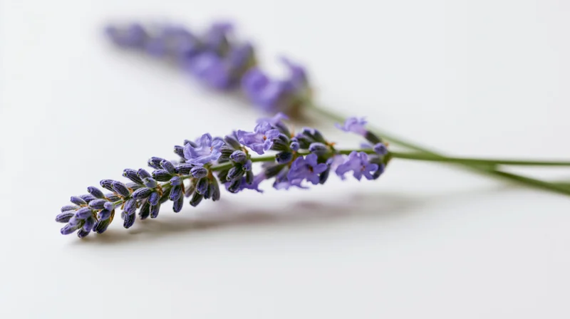 Lavender sprig with purple-blue florets lying on white surface