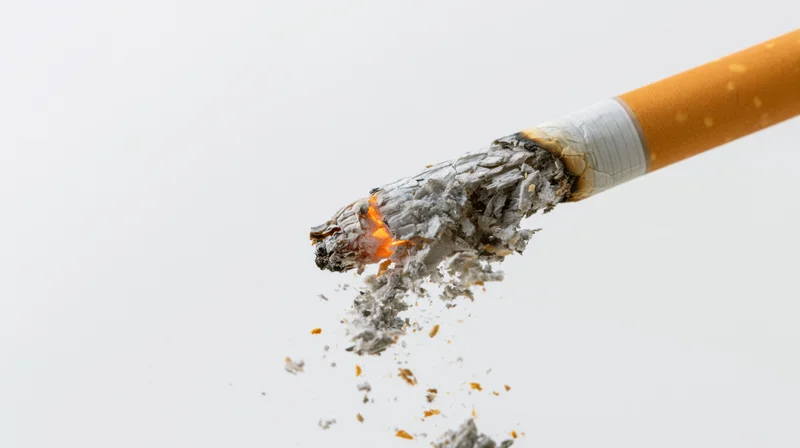 Lit cigarette burning with ash falling against white background