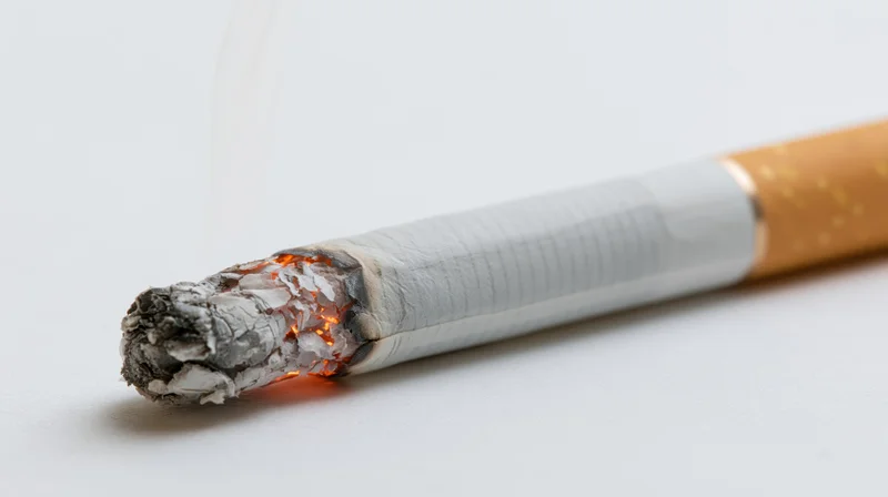 Lit cigarette burning with ash and smoke on white surface