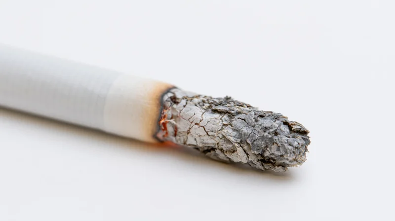 Closeup of a lit cigarette with glowing ember and crumbling ash on white background