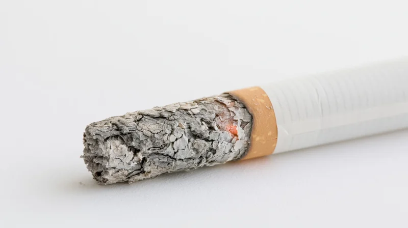 Lit cigarette with glowing ember and crumbling ash on white surface