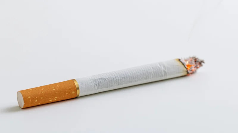 Lit cigarette with glowing ember and thin smoke on white background