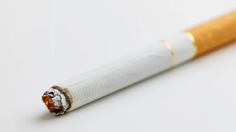 Single lit cigarette with a glowing ember tip and thin wisp