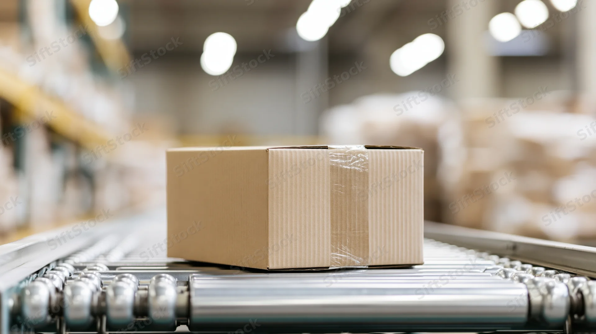 Cardboard box on metal roller conveyor in warehouse