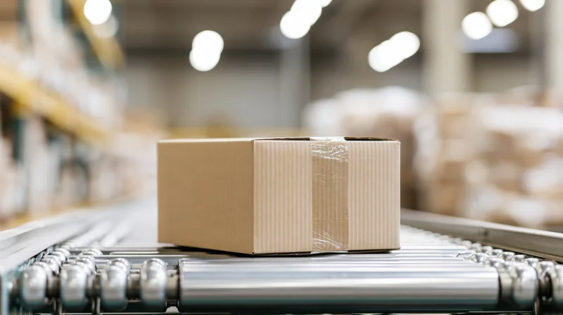 Cardboard box on metal roller conveyor in warehouse