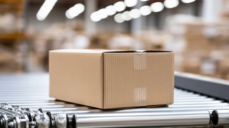 Sealed cardboard box on metal roller conveyor in warehouse