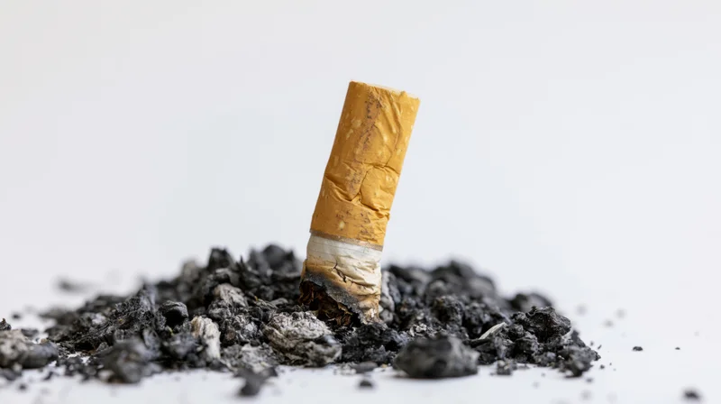 Stubbed-out cigarette butt standing upright in ash on white background