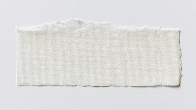 Torn strip of white adhesive tape on a plain surface