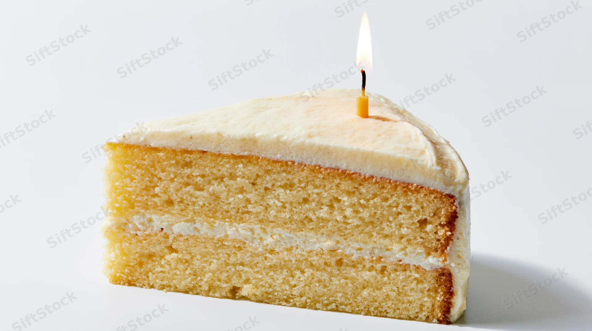 Triangular slice of triple-layer vanilla cake with lit candle on white background