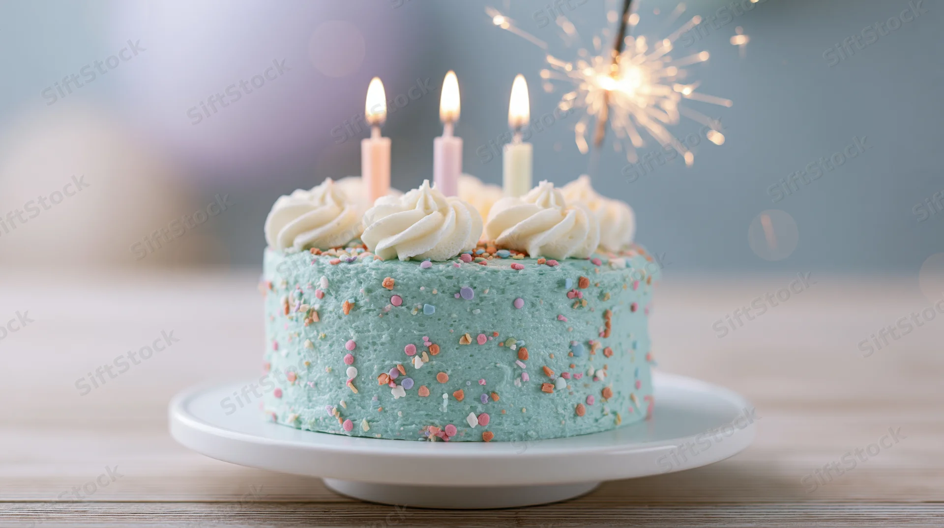Small mint-blue frosted birthday cake with lit candles and sparkler on white stand over wooden table