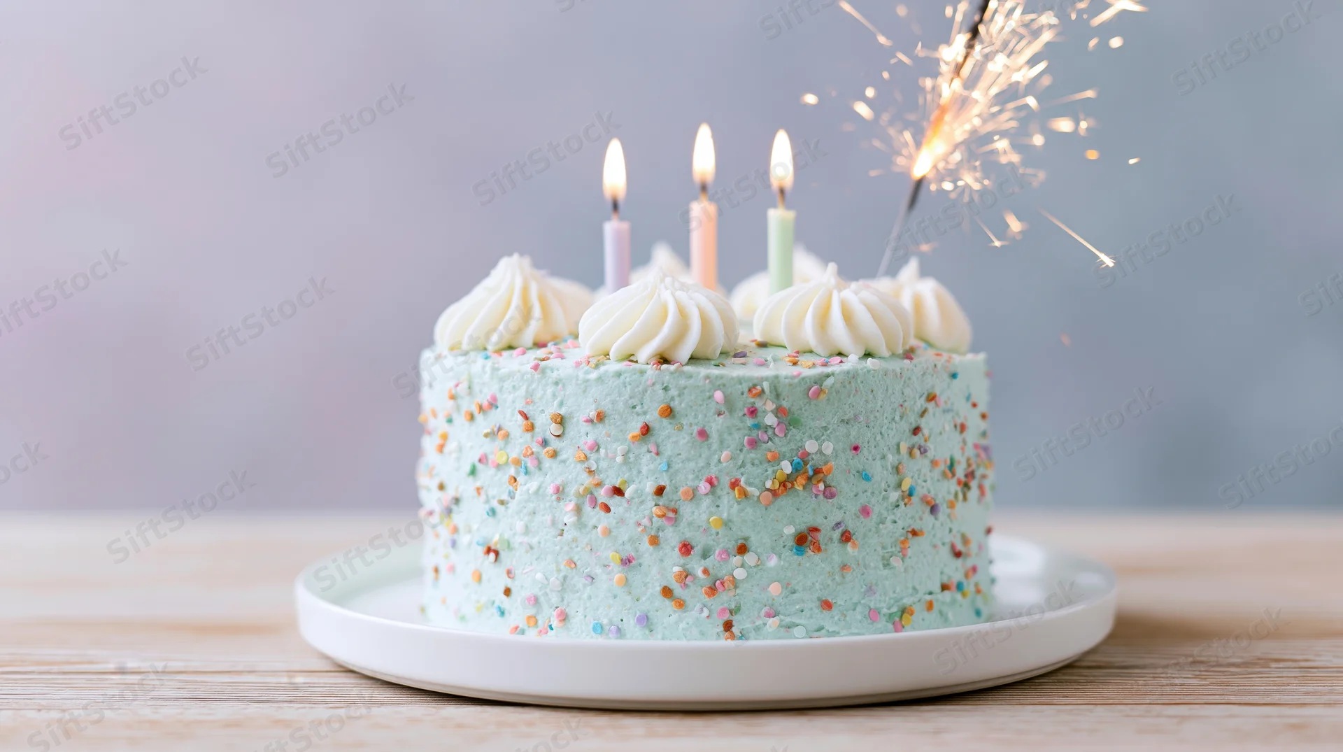 Small mint-blue frosted birthday cake with lit candles and sparkler on wooden table