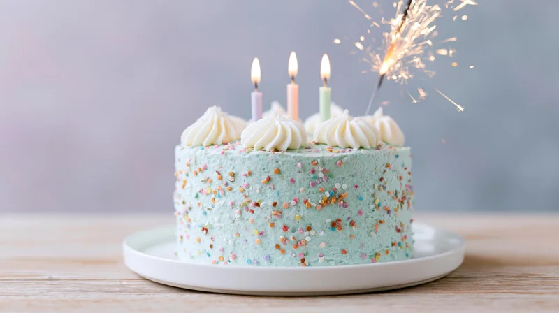 Small mint-blue frosted birthday cake with lit candles and sparkler on wooden table