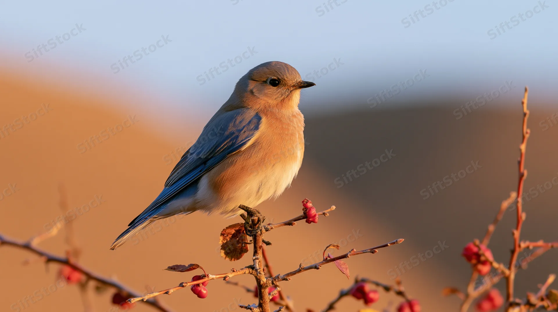 Bluebird perched still on a bare branch with red berries at sunset