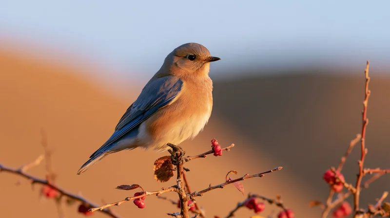 Bluebird perched still on a bare branch with red berries at sunset