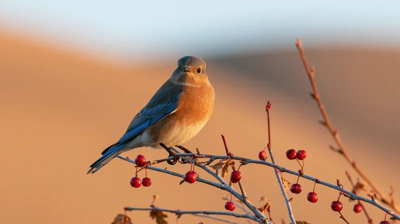 Bluebird perched on a bare branch with red berries in warm autumn light