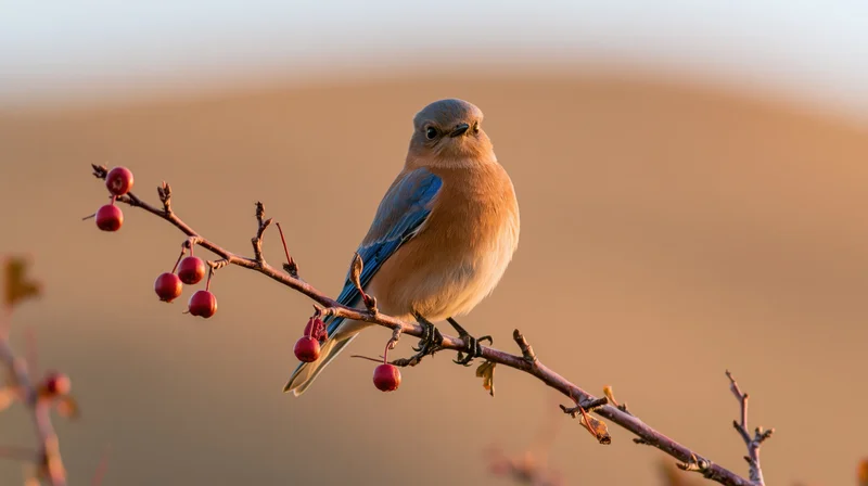 Bluebird perched on a berry-laden branch in warm autumn light