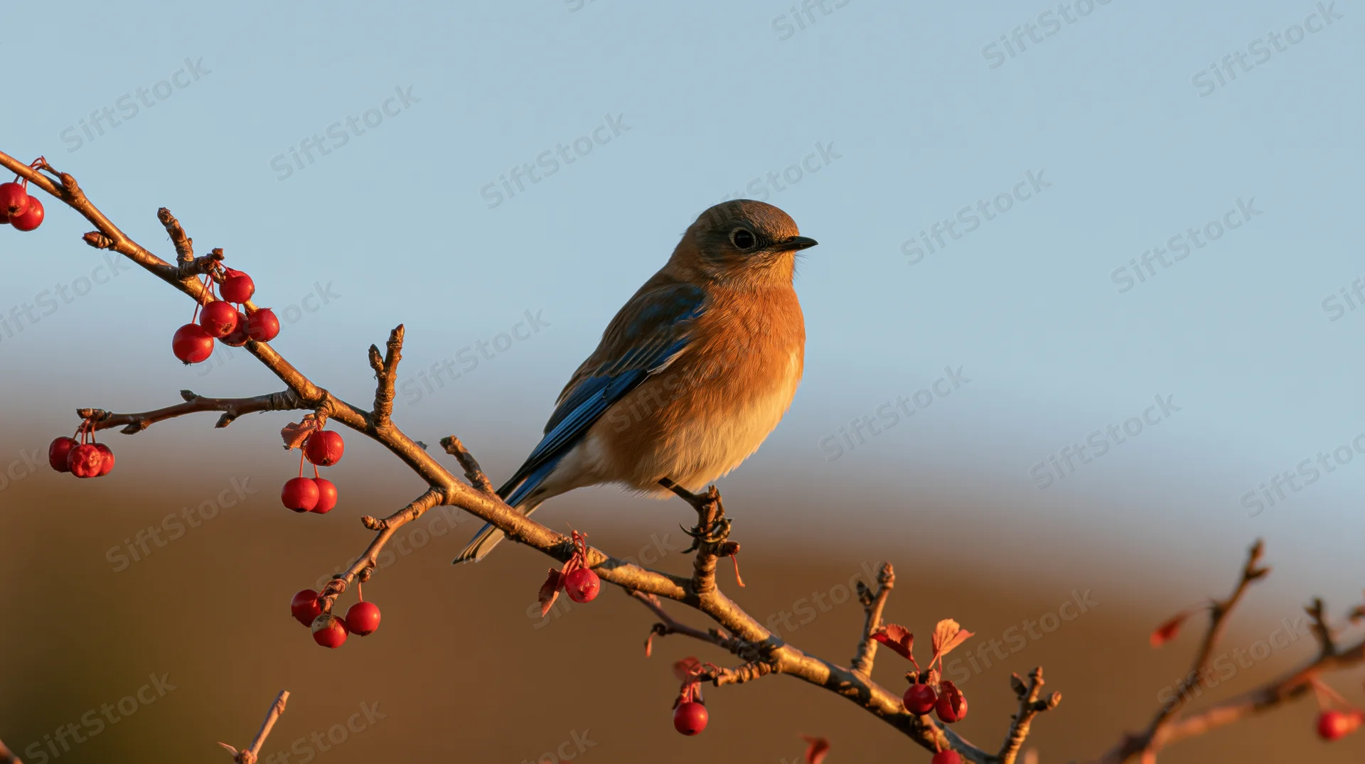 Bluebird perched on a bare branch with red berries against a soft sky