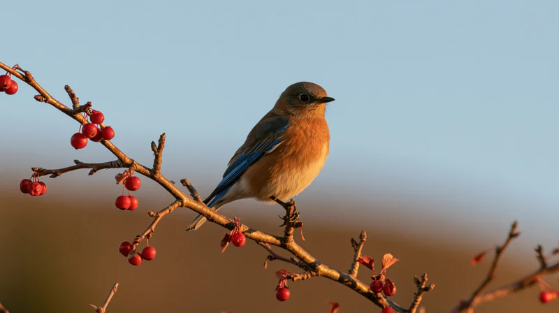 Bluebird perched on a bare branch with red berries against a soft sky