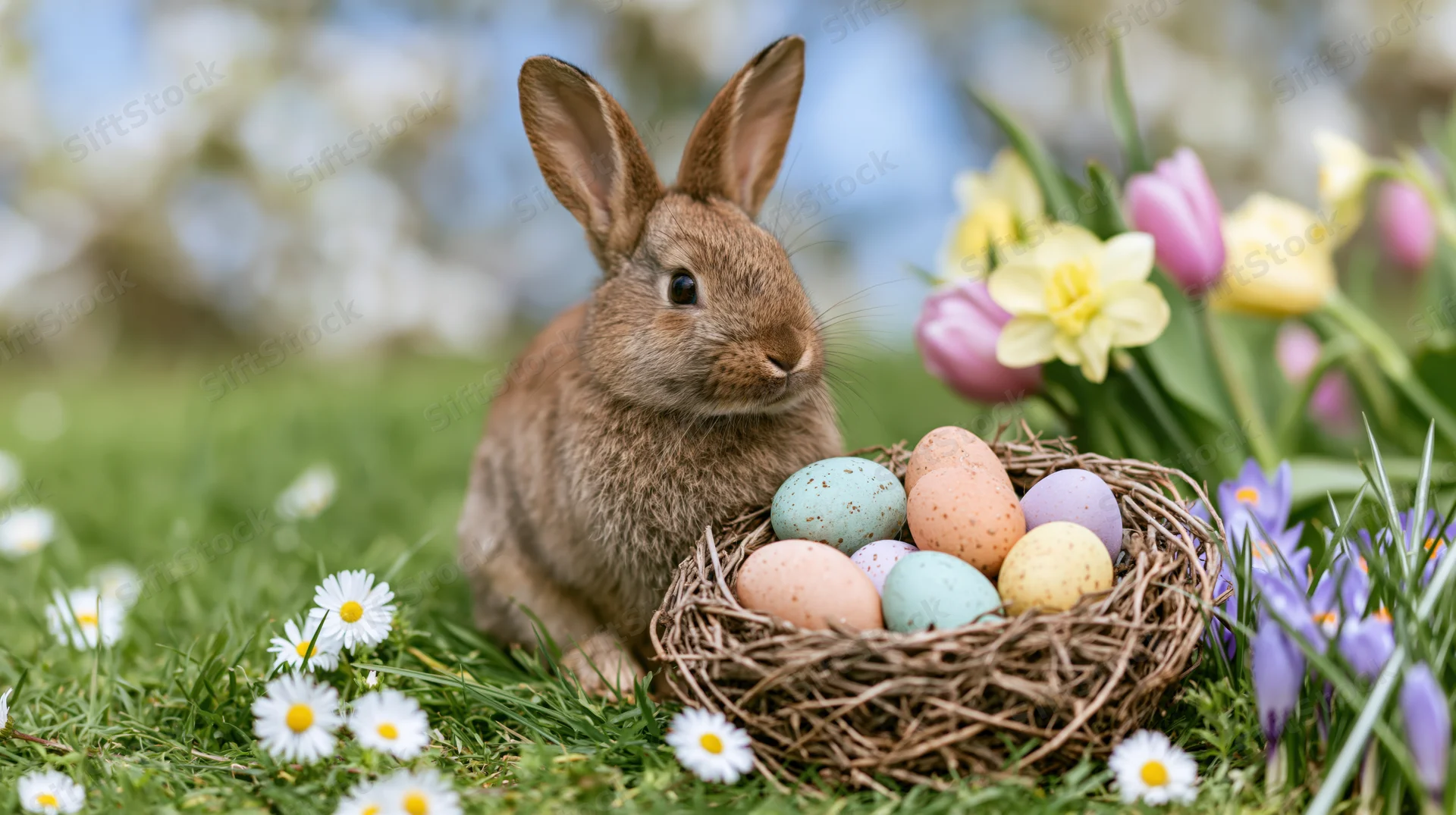 Small brown rabbit sitting beside a wicker nest filled with colorful eggs in a grassy garden with spring flowers