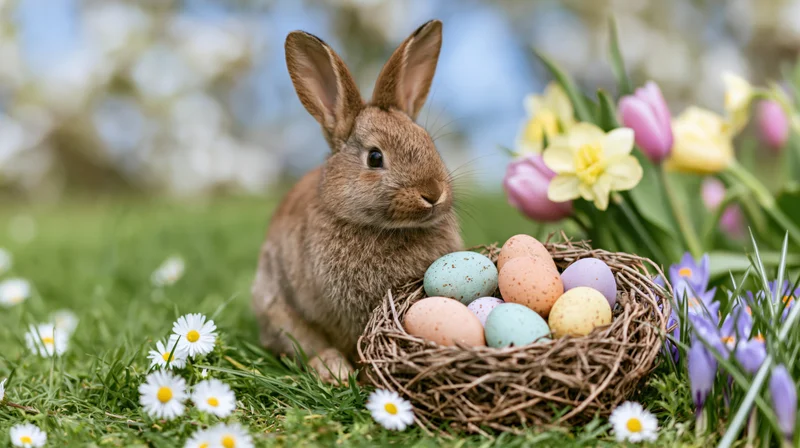 Small brown rabbit sitting beside a wicker nest filled with colorful eggs in a grassy garden with spring flowers