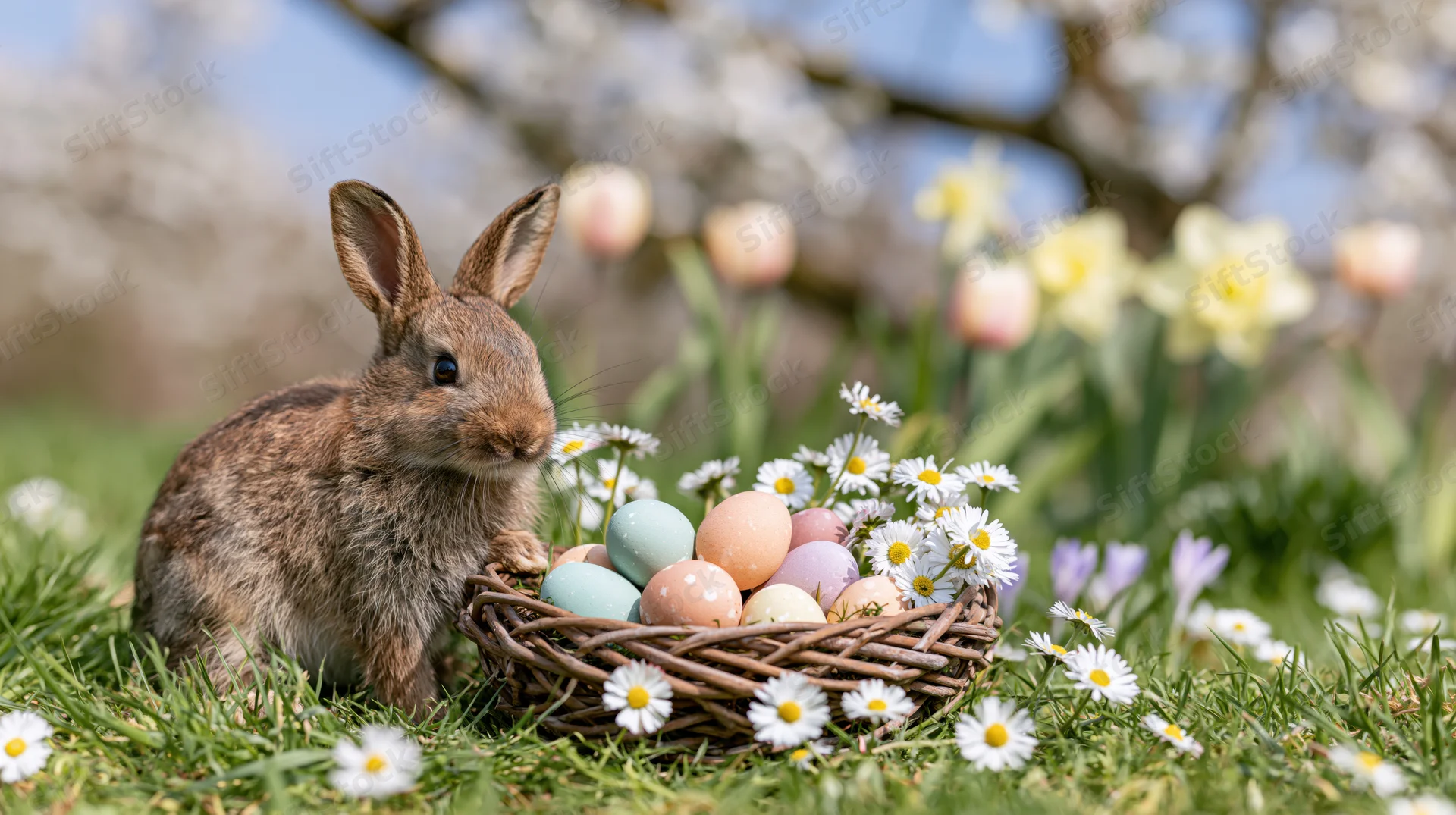 Small brown rabbit beside a wicker basket filled with colorful easter eggs in a spring garden with blooming flowers