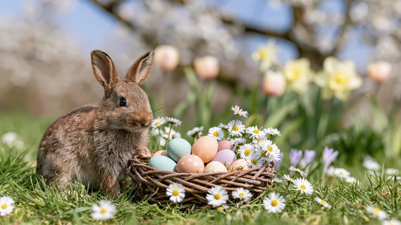 Small brown rabbit beside a wicker basket filled with colorful easter eggs in a spring garden with blooming flowers