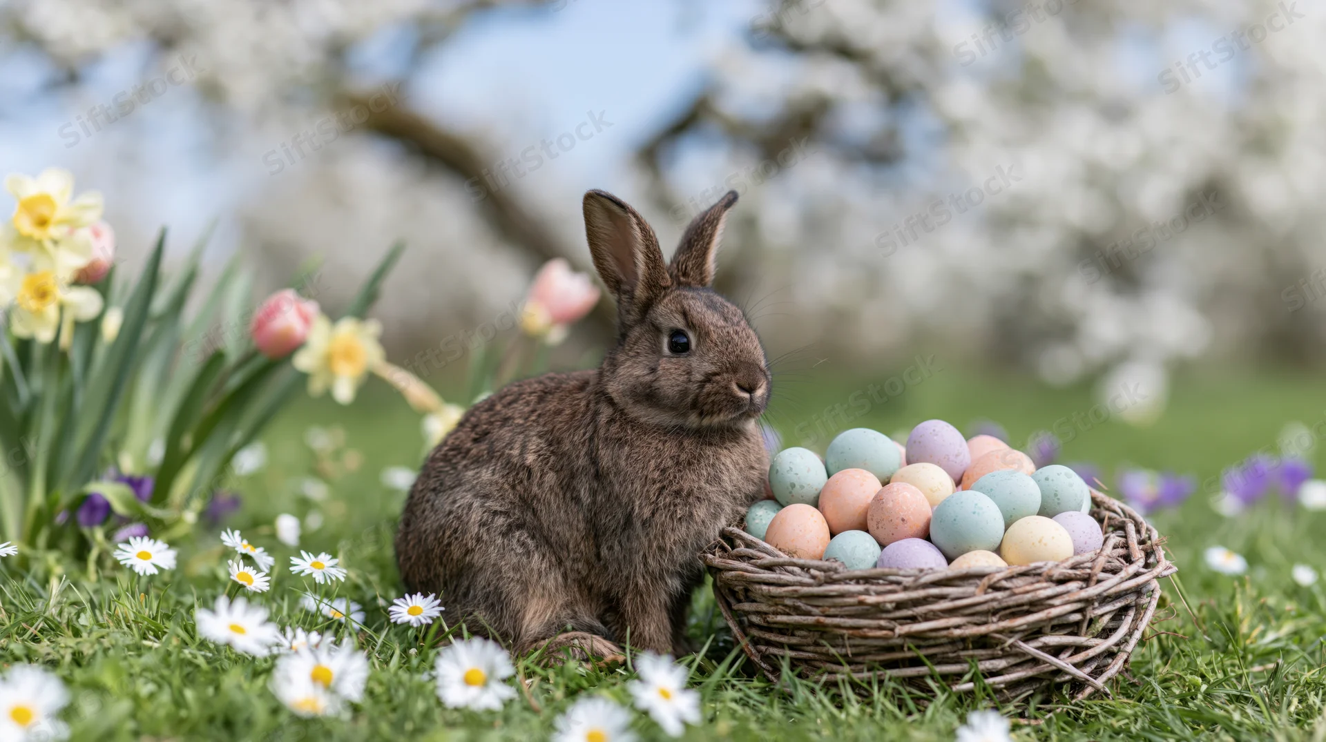 Small brown rabbit sitting beside a wicker basket filled with colorful eggs in a grassy garden with blooming flowers