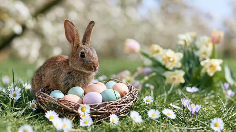 Small brown rabbit beside a wicker nest filled with colorful eggs in a grassy garden with spring flowers
