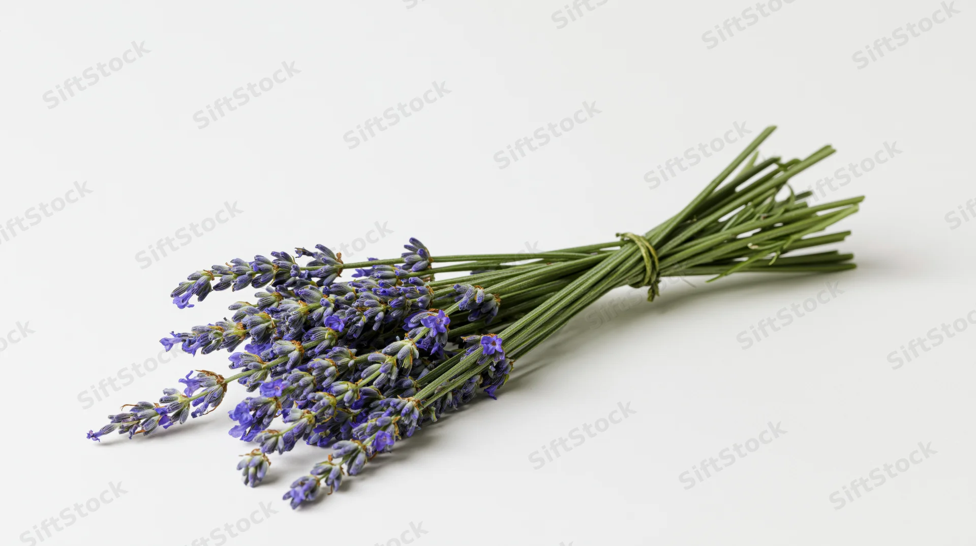 A small bundle of freshly cut lavender stems tied with twine lying on a white surface