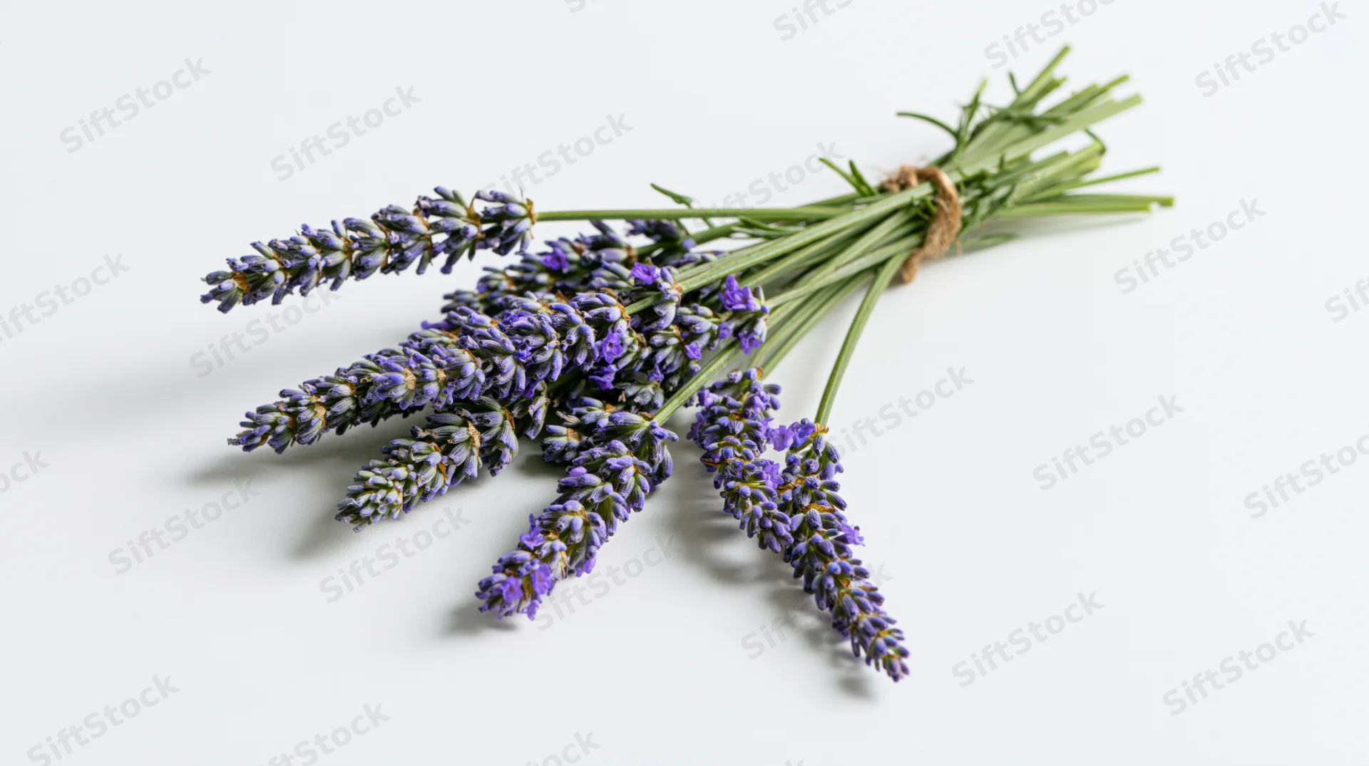 A small bundle of freshly cut lavender stems tied with twine lying on a white surface